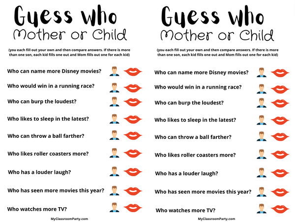 Free Guess Who Printable Mother or Child - MyClassroomParty