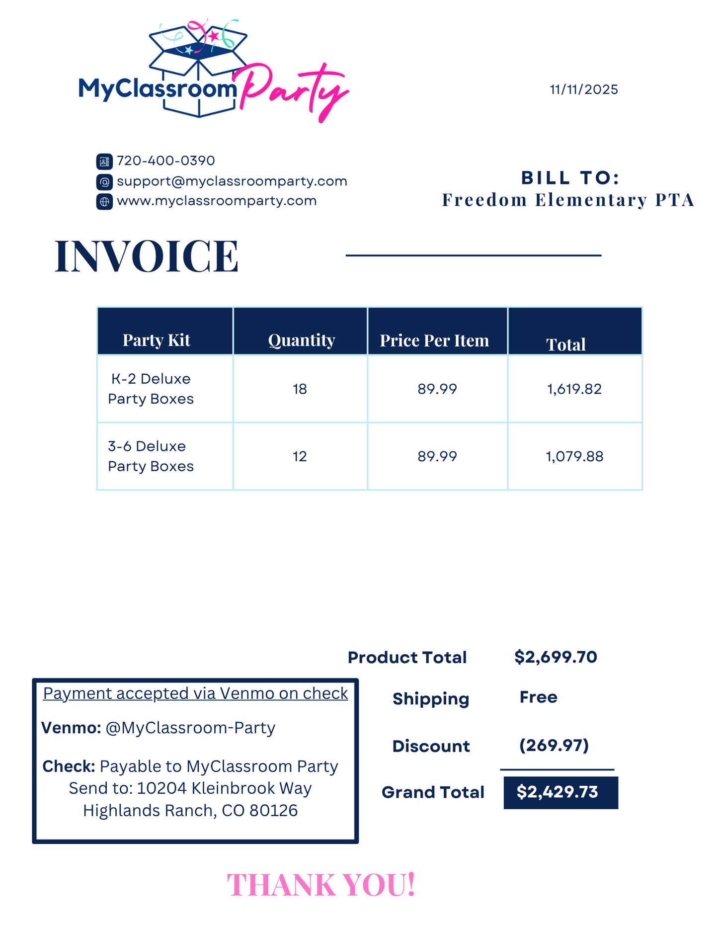Freedom Elementary Winter 2025 Invoice