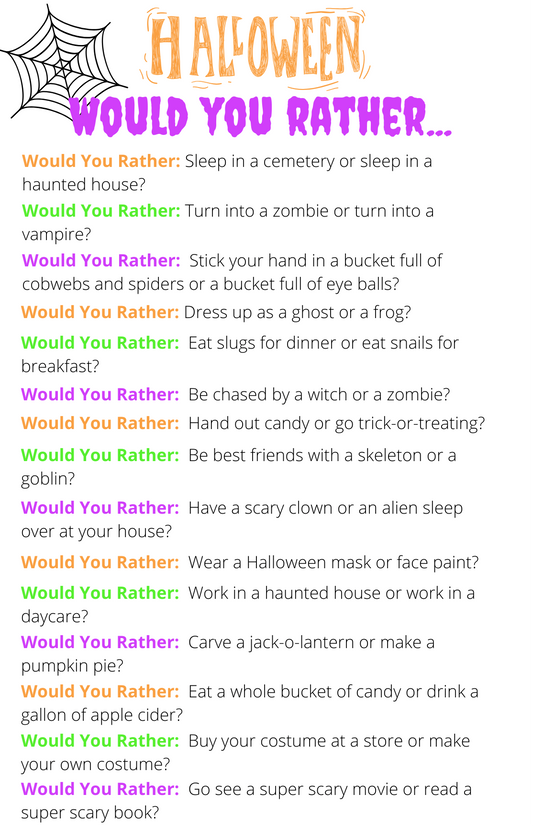 Halloween 'Would You Rather' game with multiple questions on a white background.