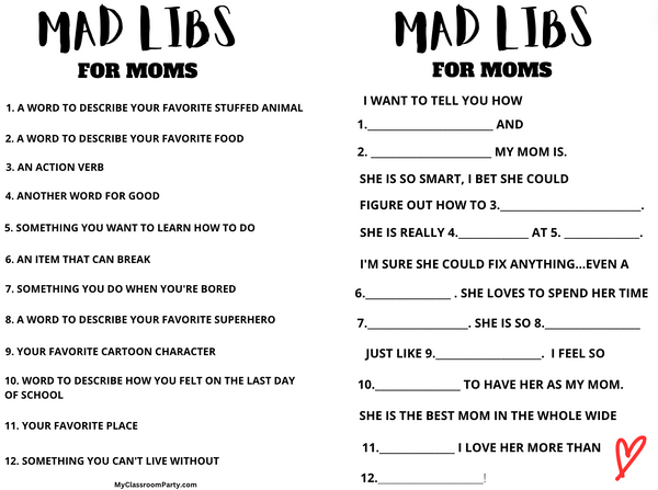 Free Mother's Day Mad Libs - MyClassroomParty