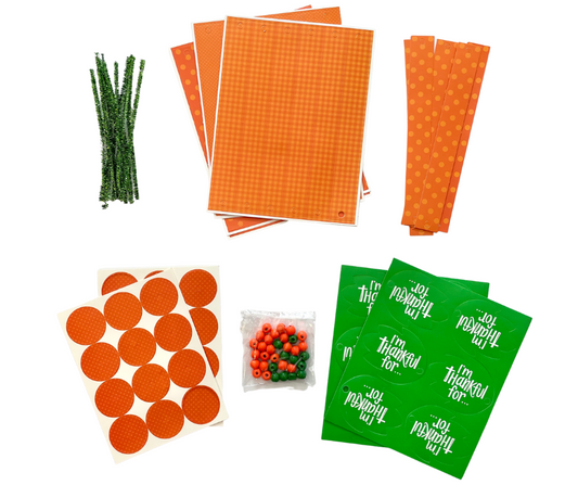 Supplies for a pumpkin craft for a school halloween party