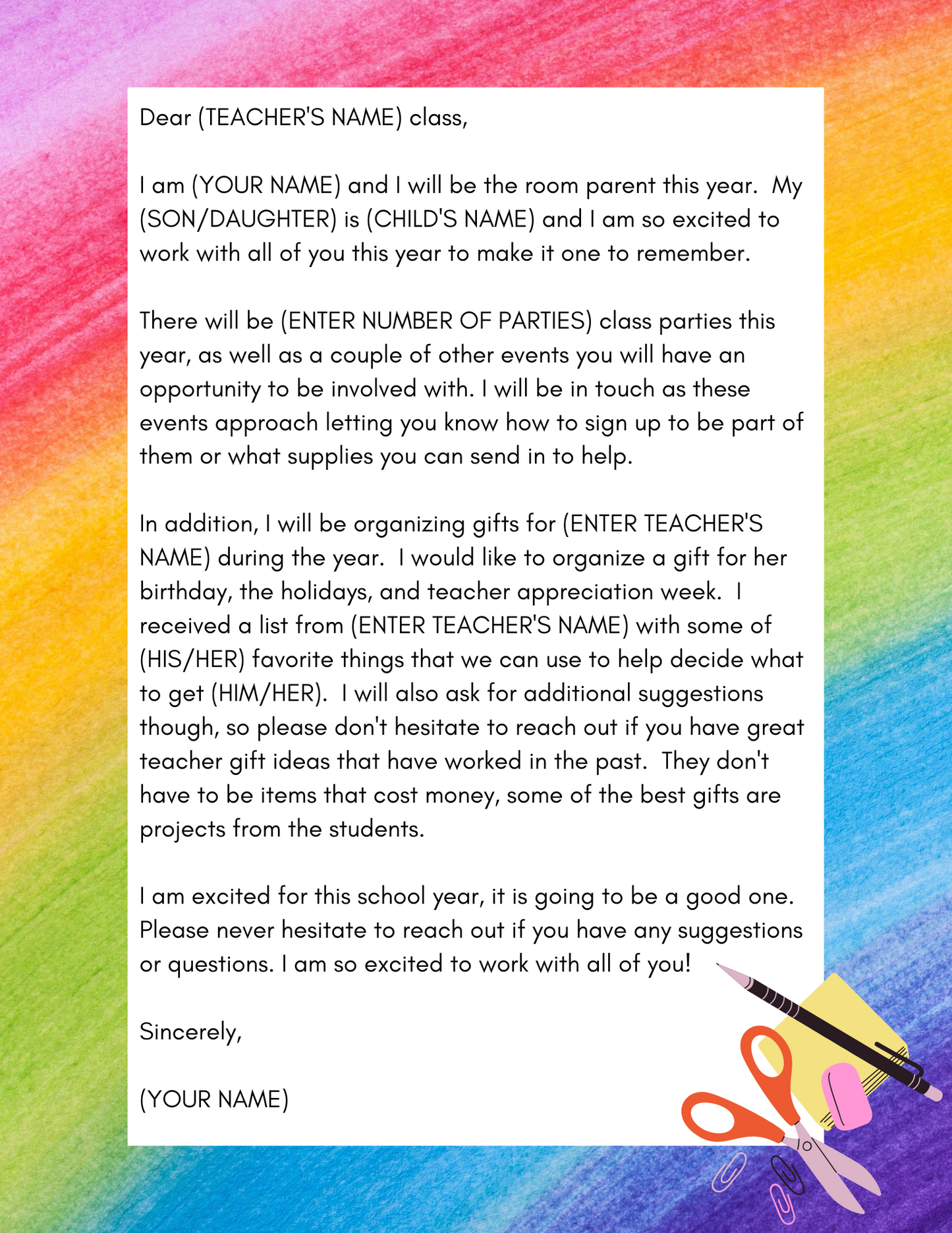Template to introduce yourself as the room parent for the year.