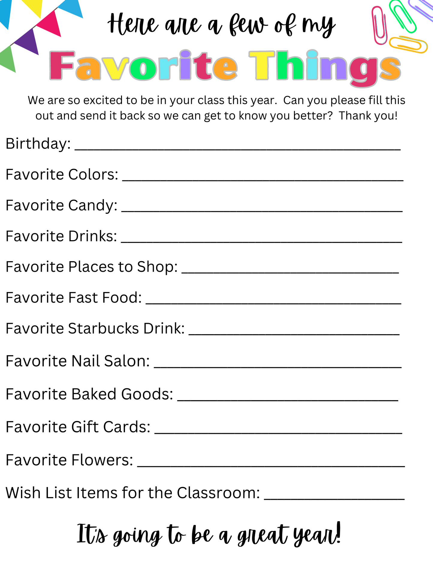 Free Teacher's Favorite Things Printable