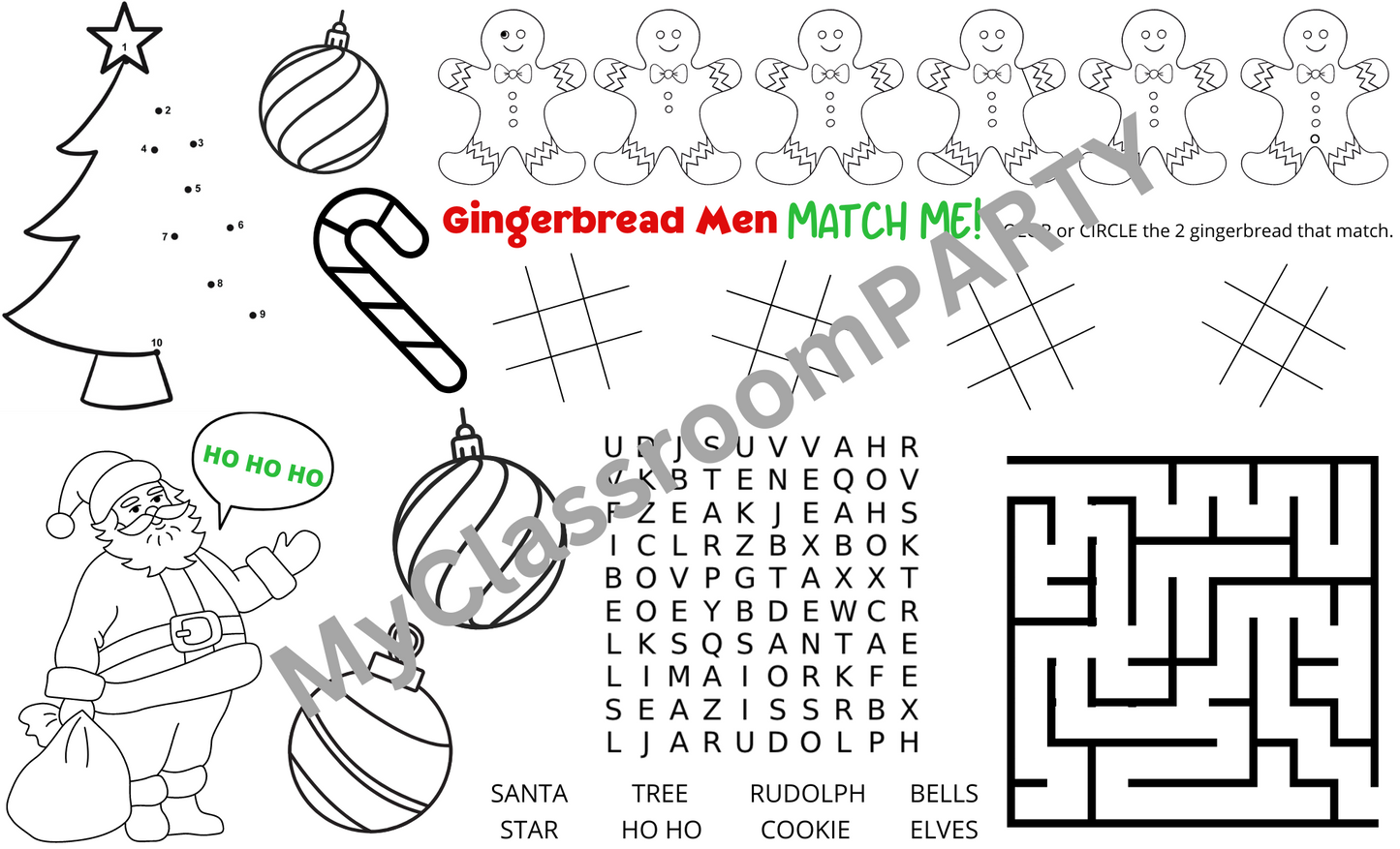 Christmas activity placemats perfect for a classroom Christmas party.