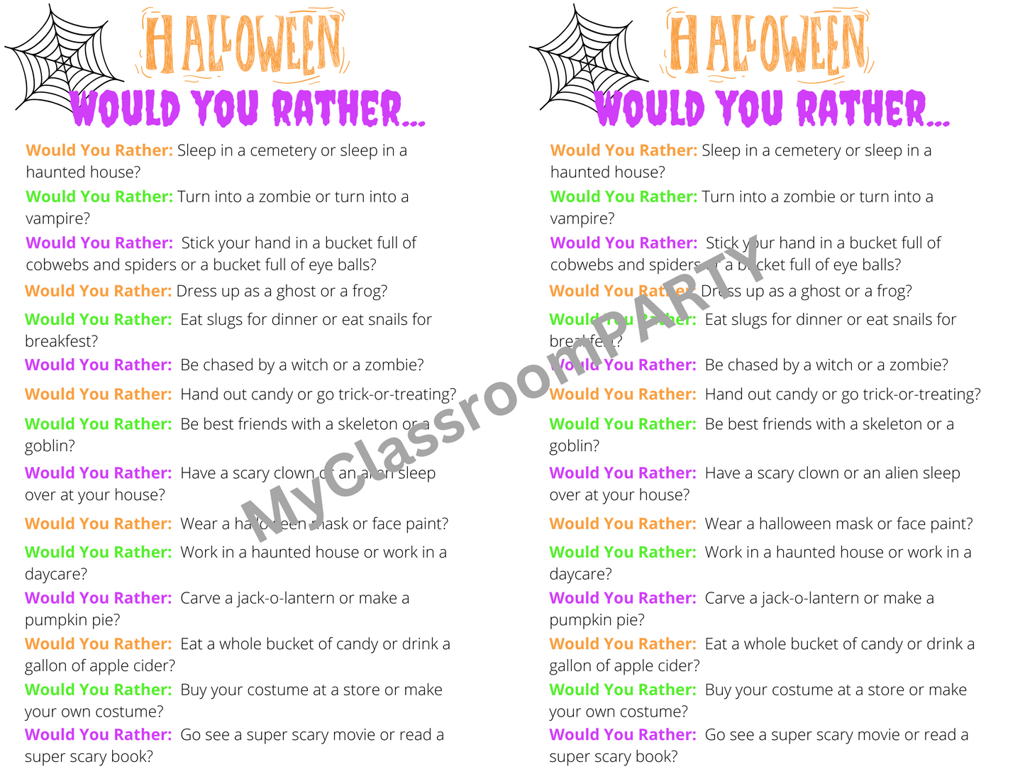 This fun list of Halloween themed questions is a perfect addition to your classroom Halloween party.