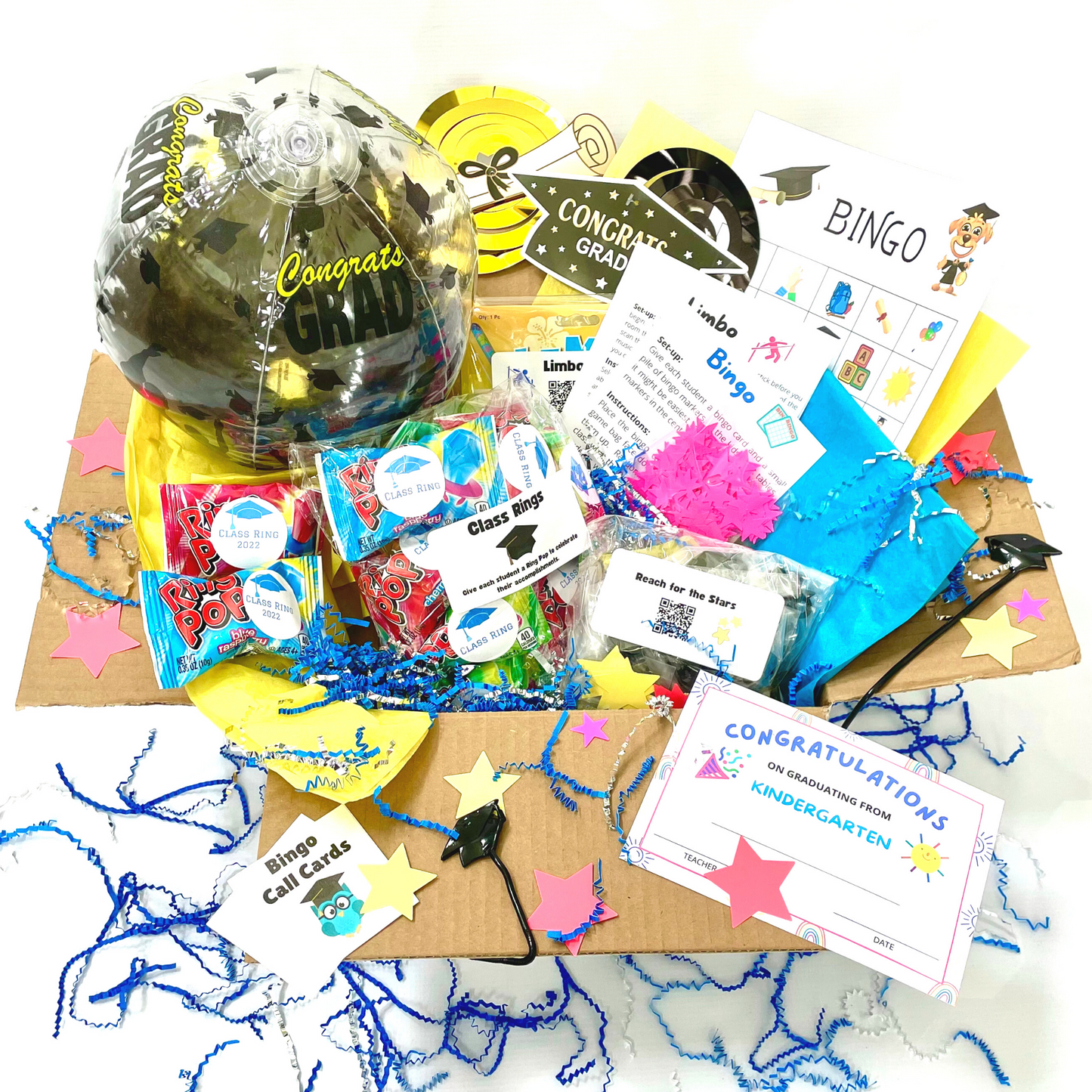 Everything you need for a Kindergarten graduation party. Graduation games, classroom decorations and a kindergarten graduation gift for the class.