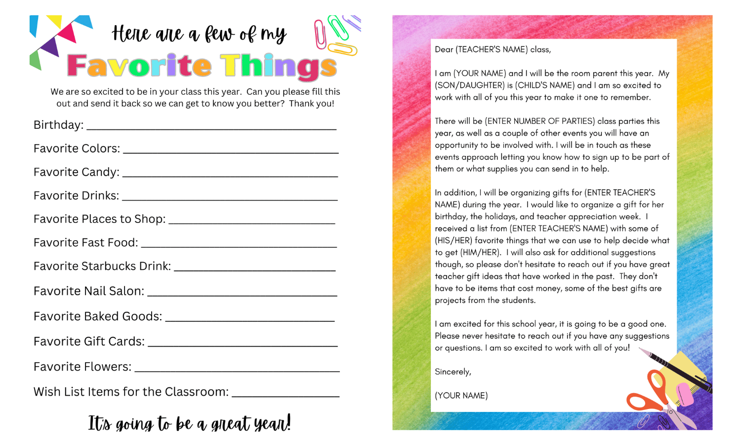 Classroom Printables - MyClassroomParty for Employee Favorite Things List Free Printable