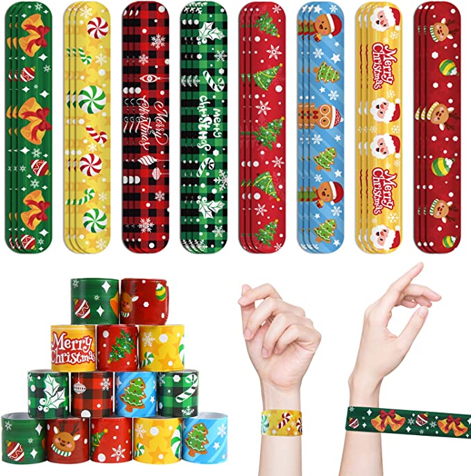 Christmas themed slap bracelets for party prizes. 