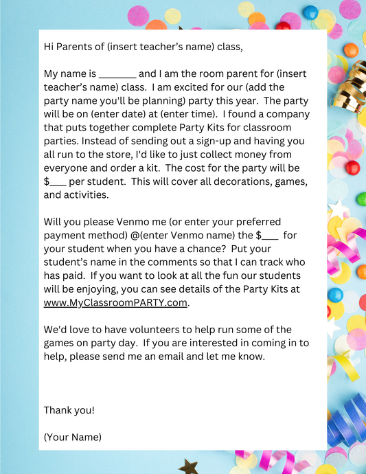 Free Class Party Editable Letter