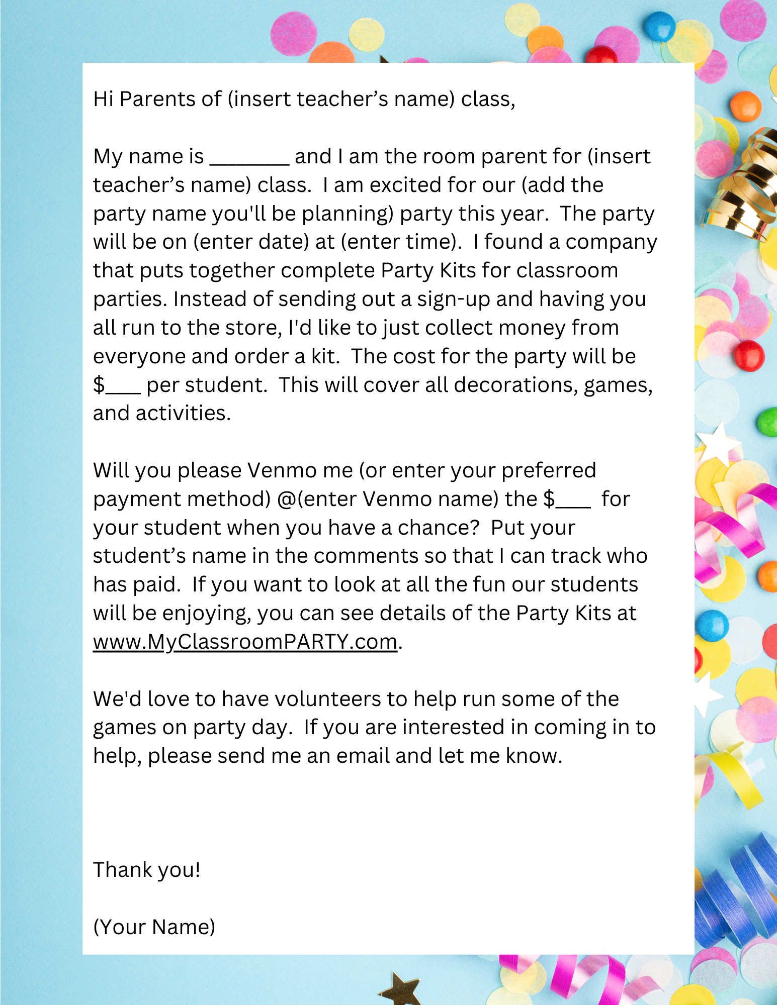 Party Note Free Class Party Editable Letter - MyClassroomParty
