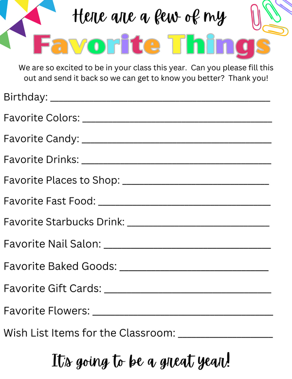 Free Teacher's Favorite Things Printable - MyClassroomParty