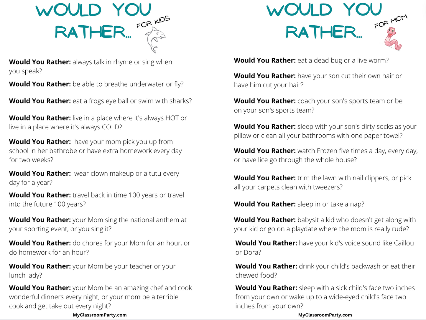 Free Would you Rather Printable for Mom and Child