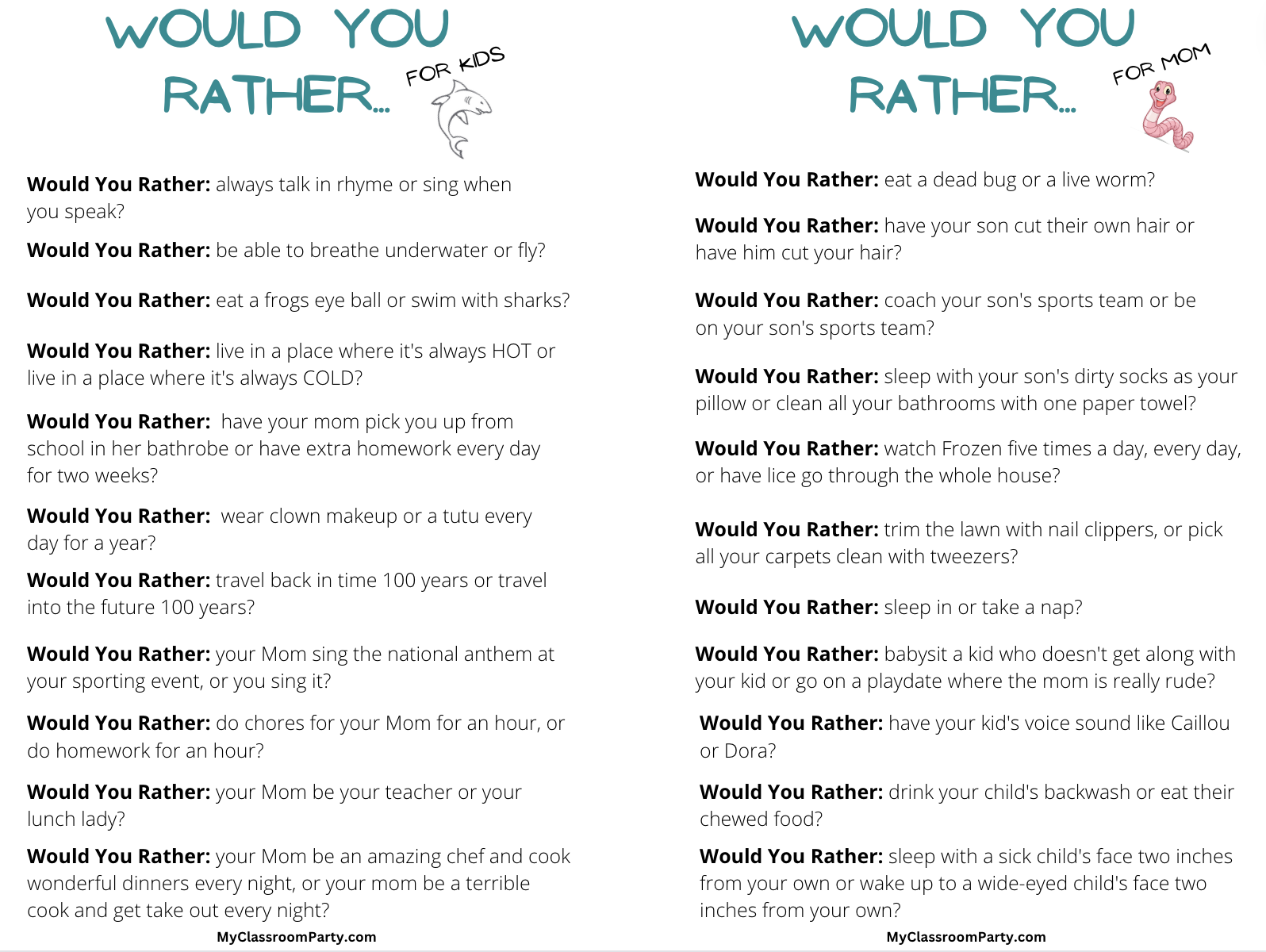 Free Would you Rather Printable for Mom and Child