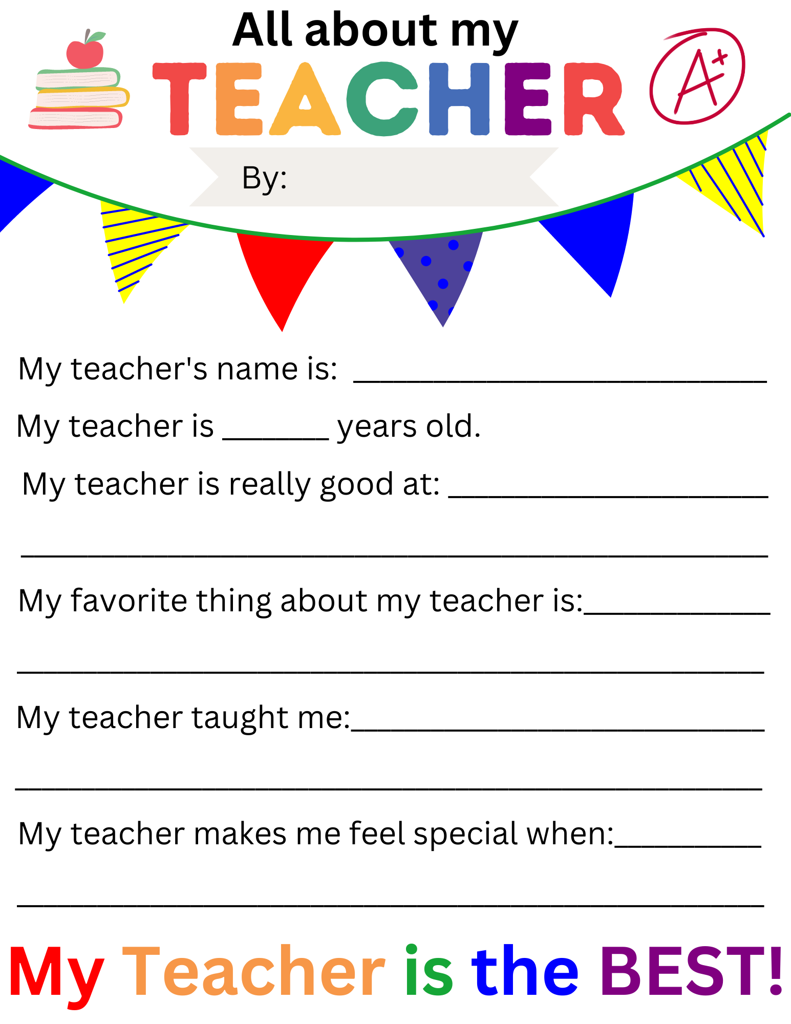All About My Teacher Printable End of Year Gift Thank You Gift Teacher  Appreciation Fill in the Blanks Teacher Gift Teacher Card - Etsy