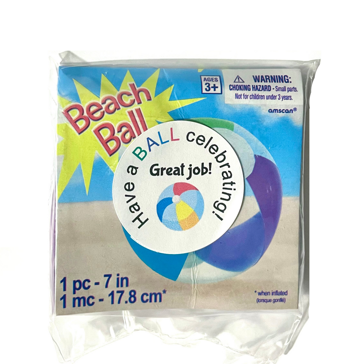 Mini beach ball in packaging with a &quot;Have a Ball&quot; sticker