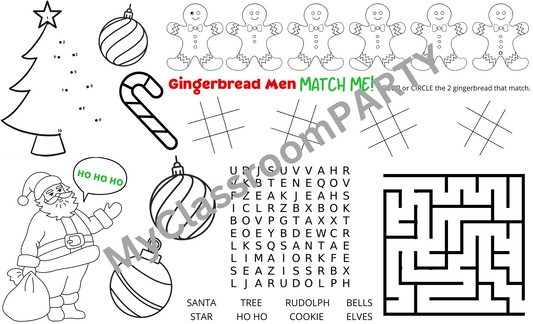 Christmas activity placemats perfect for a classroom Christmas party.