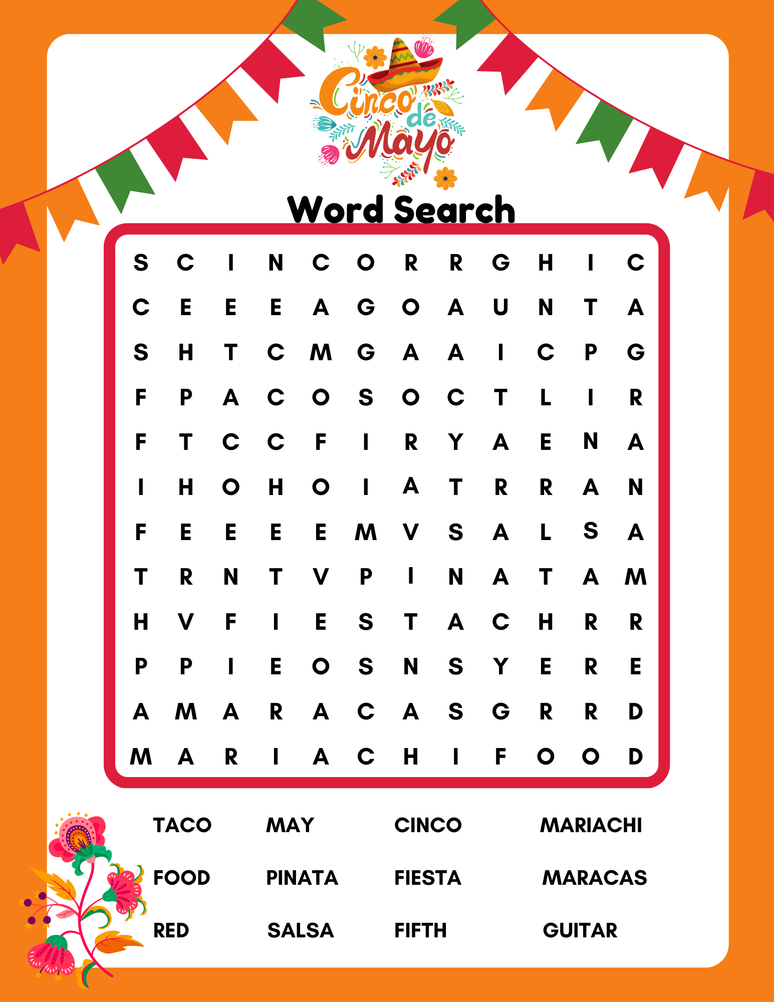 Cinco de Mayo themed word search 
