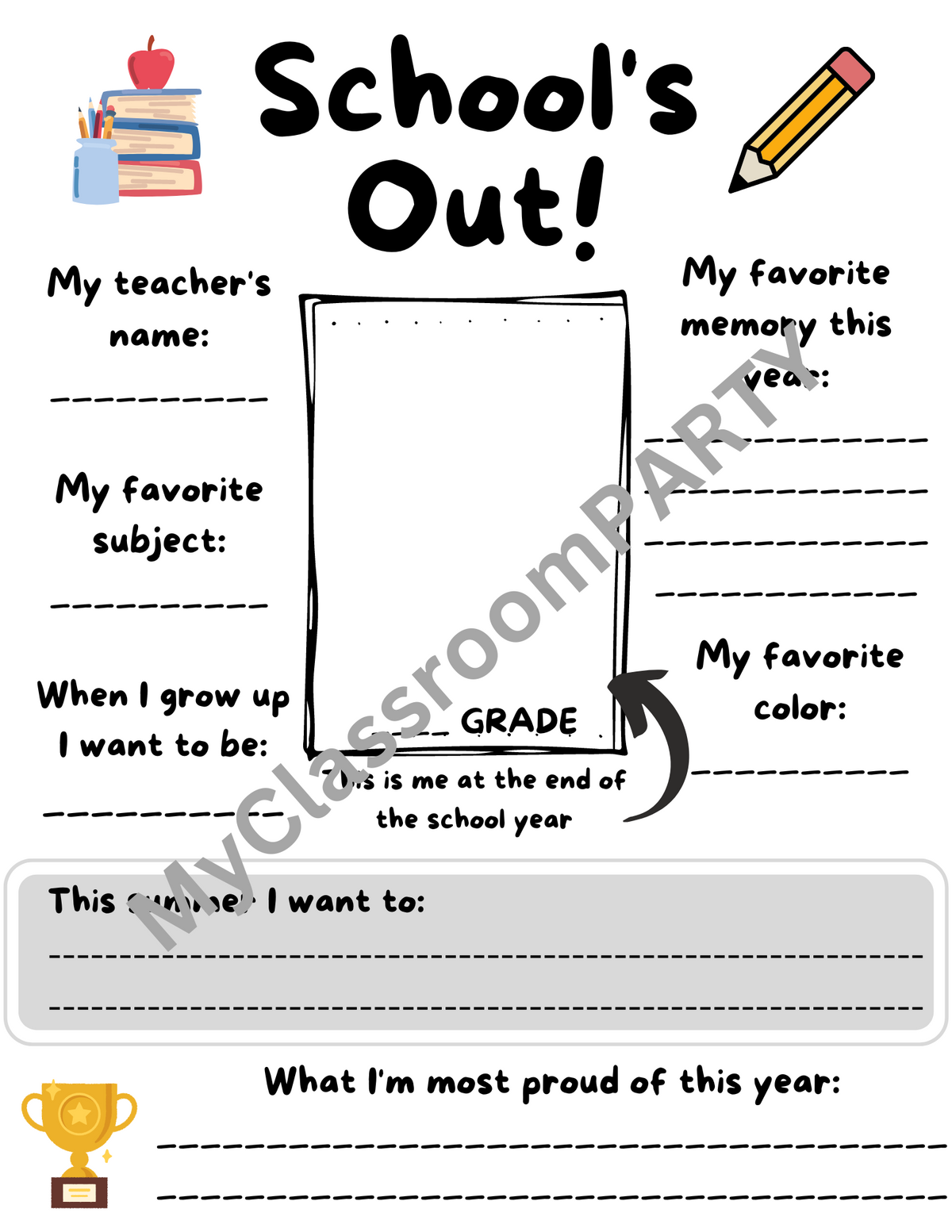 Print out students can fill out about their school year to remember it