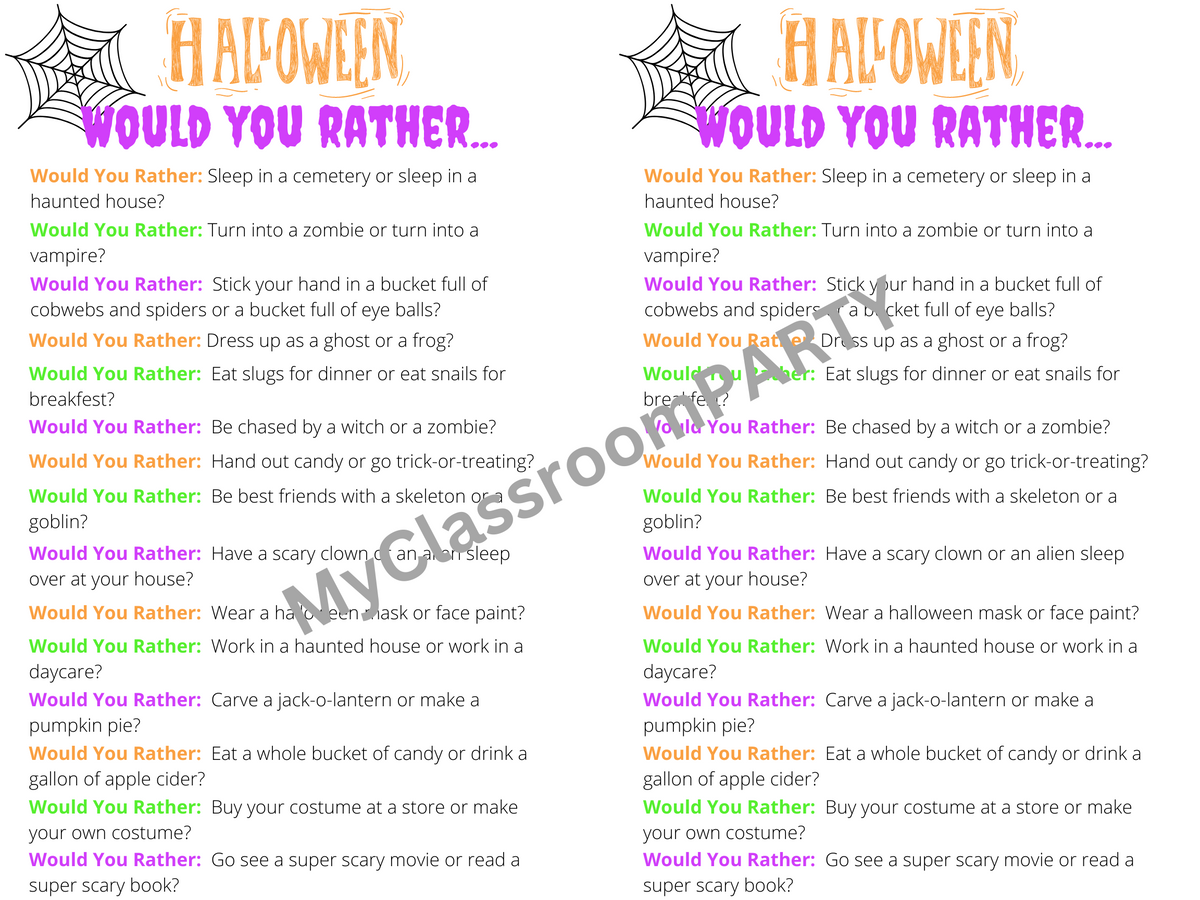 This fun list of Halloween themed questions is a perfect addition to your classroom Halloween party. 