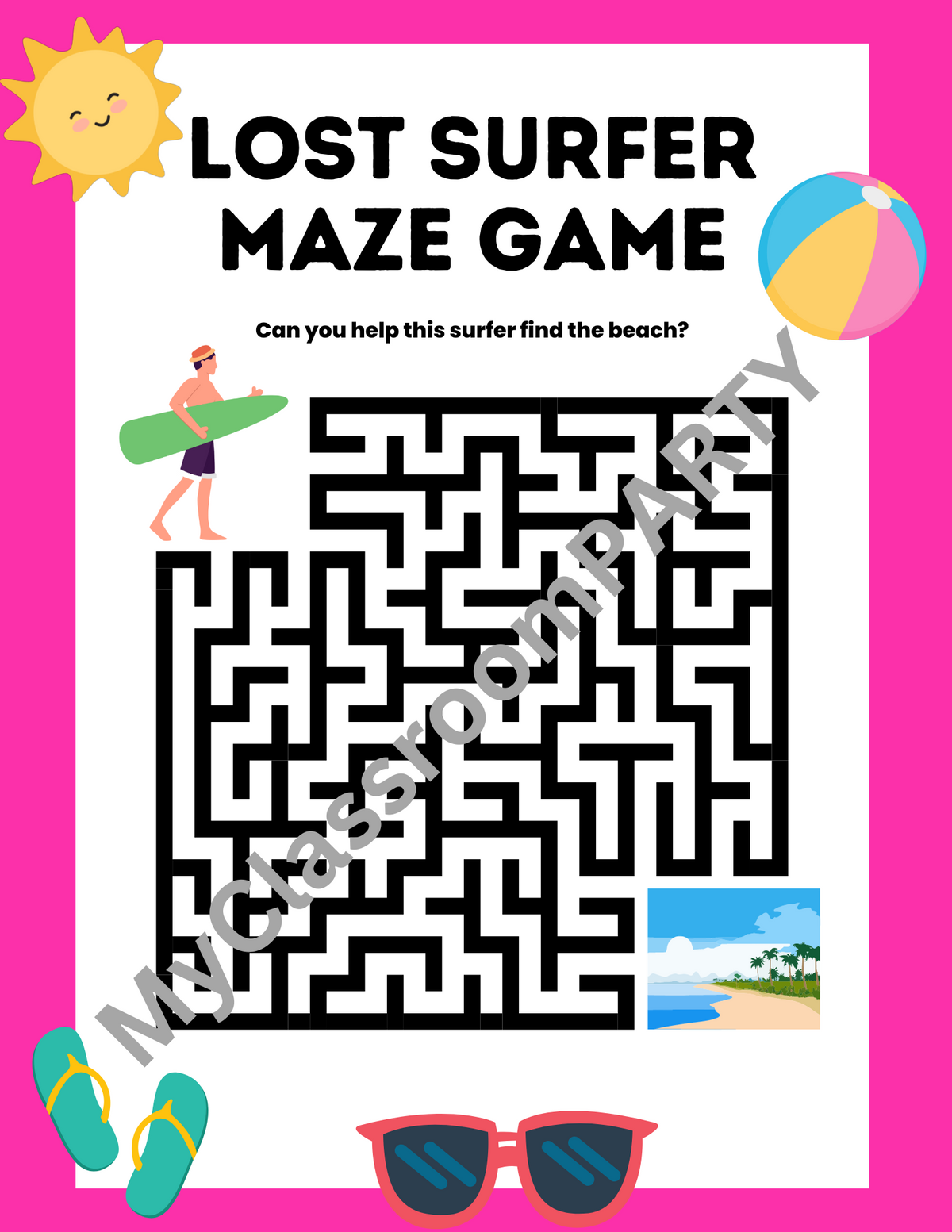 This is a summer themed maze for school aged students.  Perfect for an end of the year party or a spring party.
